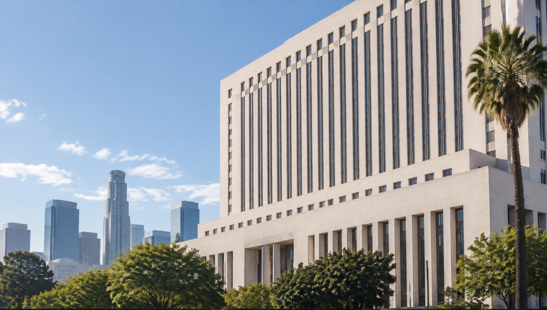 Illustrative view of a Los Angeles civic courthouse and downtown skyline